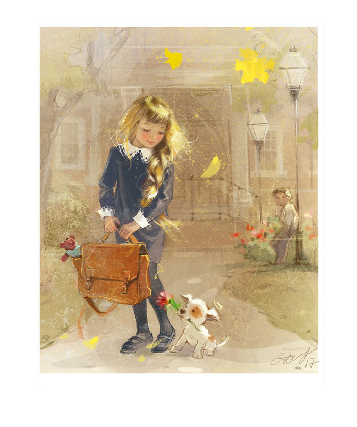 The first love - School, Art, Illustrations, Love, Children, Dog