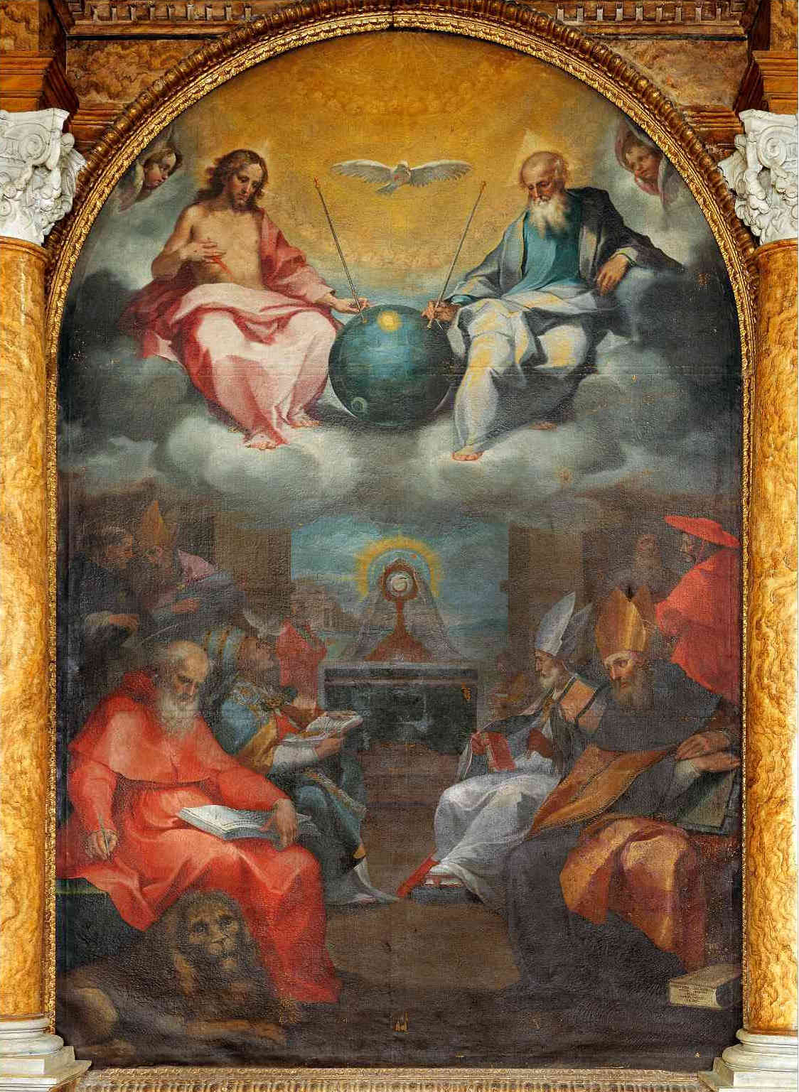 Nothing special, I just see the gods holding Sputnik 1 in a 17th century painting. The painting is called Glorification of the Eucharist. - Painting, Space, God, Religion, Satellite, 