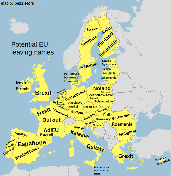 Варианты названия процесса выхода стран из ЕС по аналогии с Brexit - Евросоюз, Brexit, Европа, Карты, Английский язык, Игра слов, Каламбур