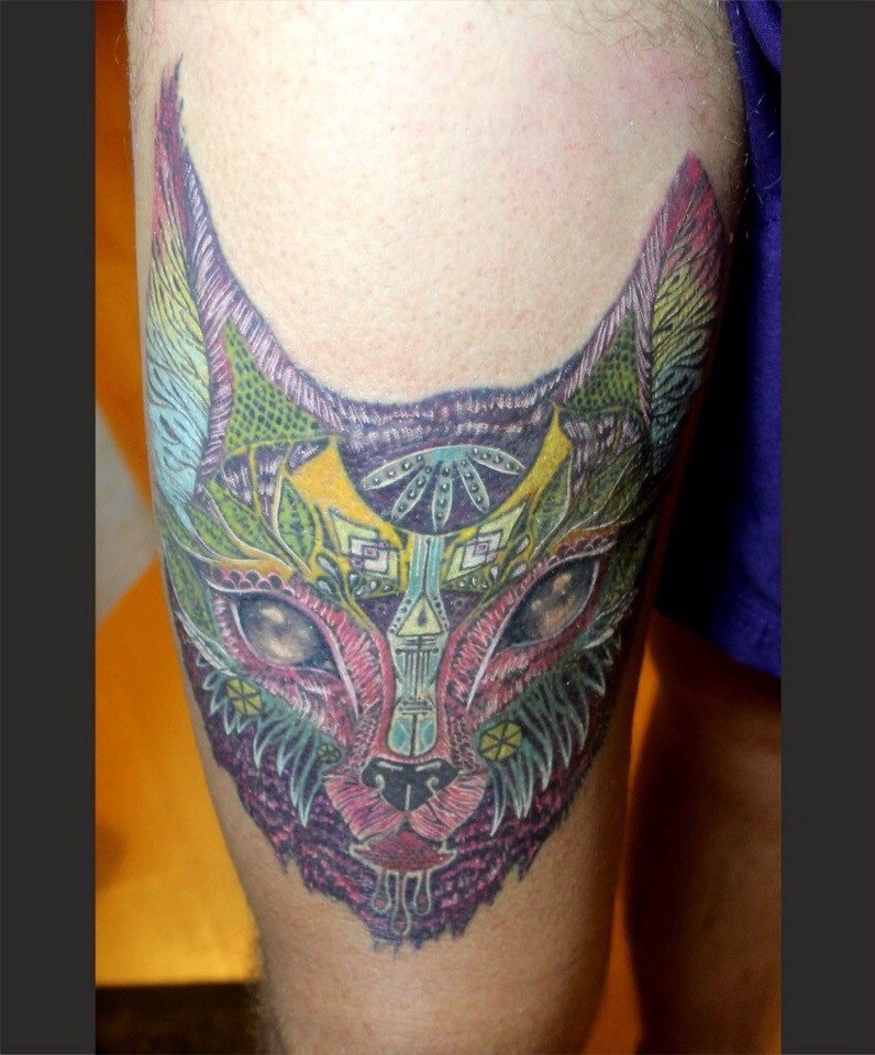 My psychedelic cat on the thigh - My, Tattoo, Tattoo, Mascara, Tattooink, Tattoo Lovers League, , My