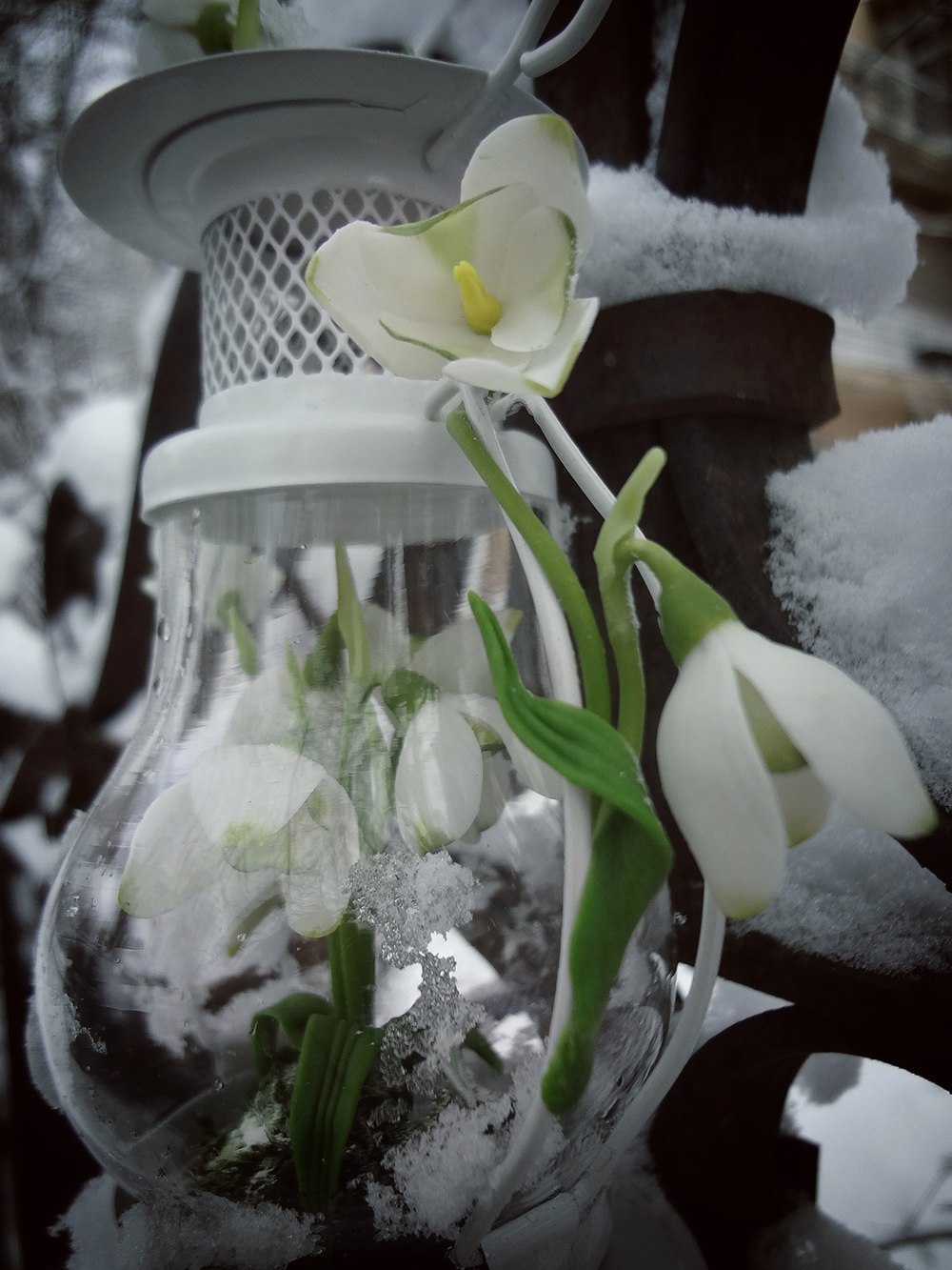 Lantern with snowdrops - My, Polymer clay, Ceramic floristry, My, Snowdrops, Polymer floristry, Flashlight, Friday, Longpost, Snowdrops flowers