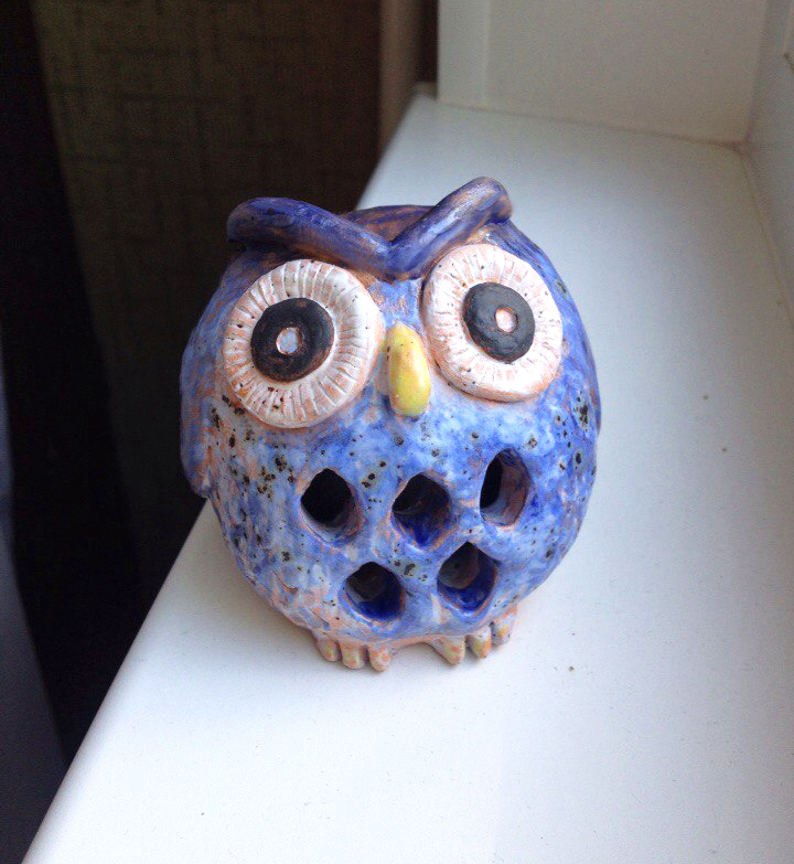 Owl aroma lamp made of clay - My, Ceramics, Owl, Aroma lamp, Glaze, Longpost