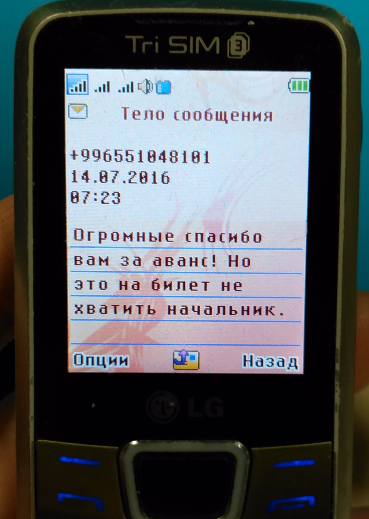 Не по адресу пришедшее СМС - Моё, СМС, Ошибка, Начальник, Гастарбайтеры, 996, Аванс, Начальство