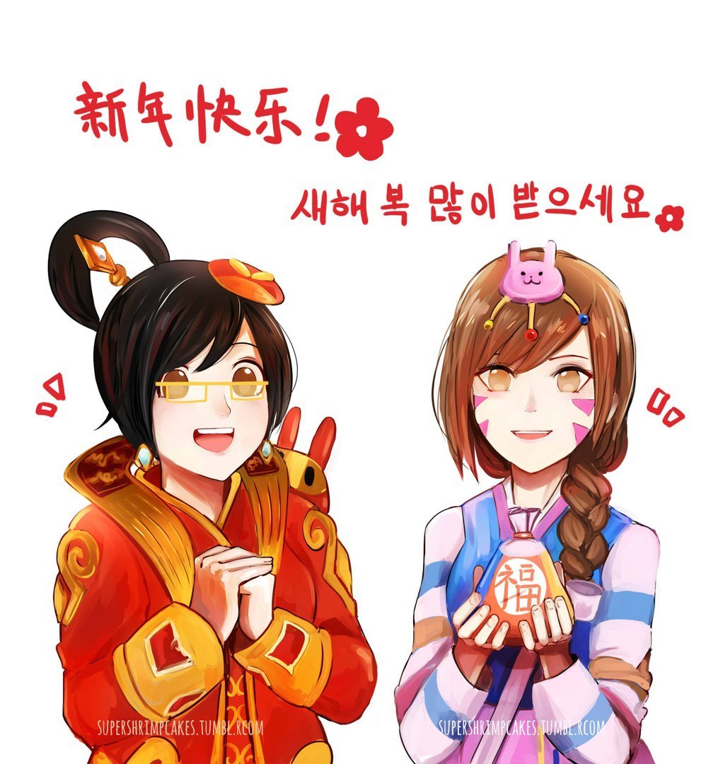 Two cuties in national costumes - Overwatch, Art, Mei, Dva