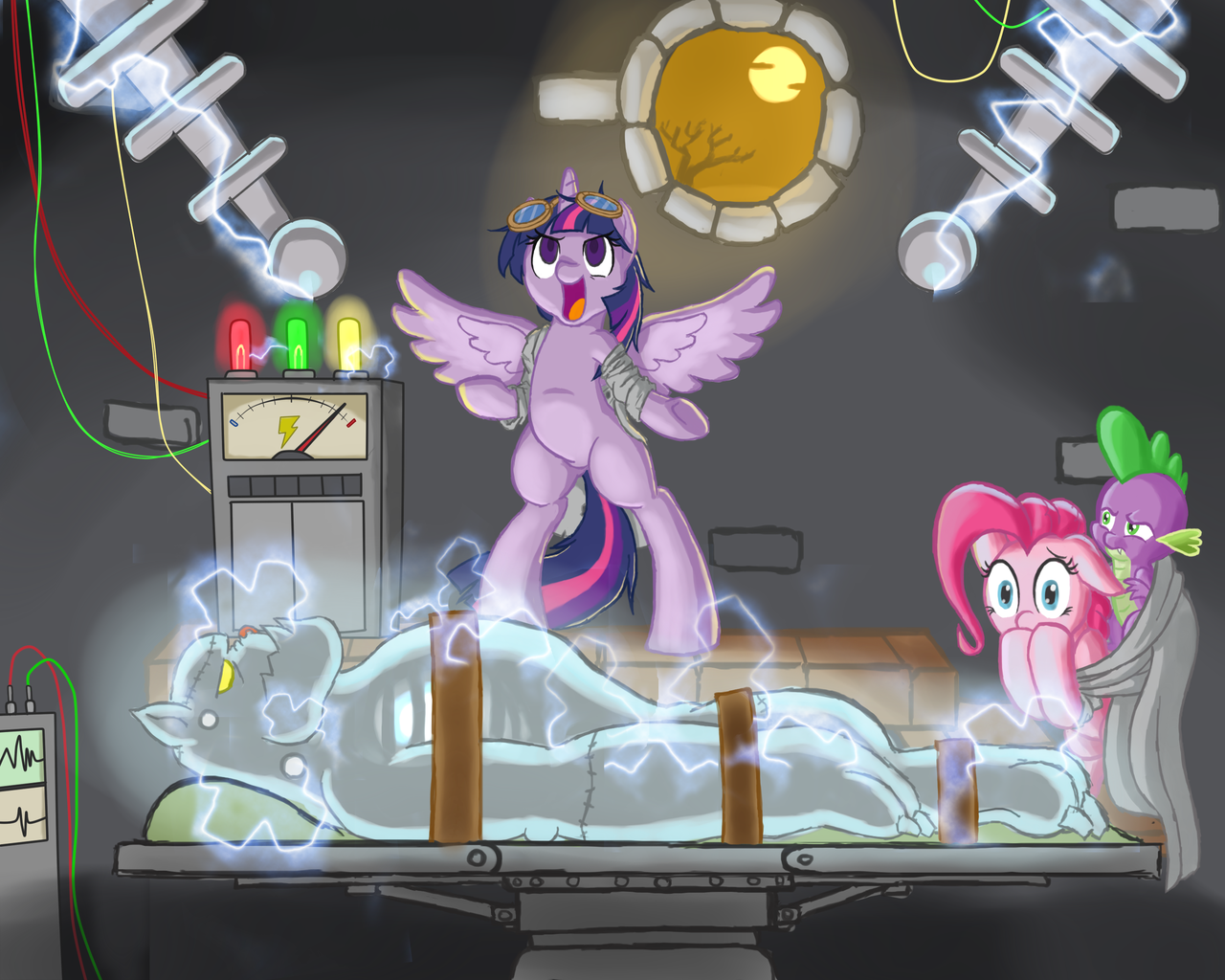 He came to life! - My little pony, Twilight sparkle, Pinkie pie, Spike, Diamond Dogs, Frankenstein, Crossover, Crossover