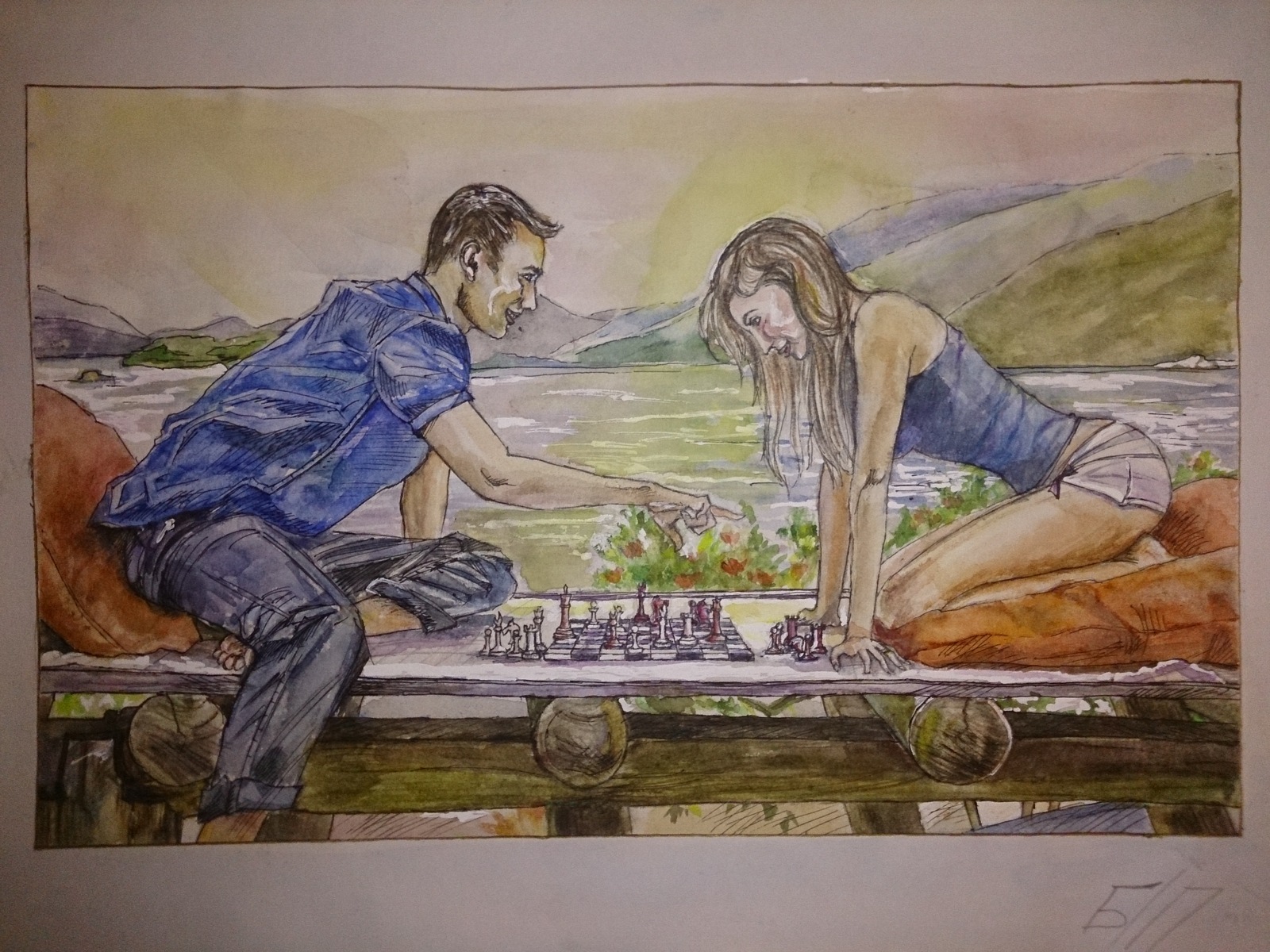 A gift for a girl for her birthday. Me and her. We just met when we played chess. - Creation, Art, Watercolor, Painting, Drawing