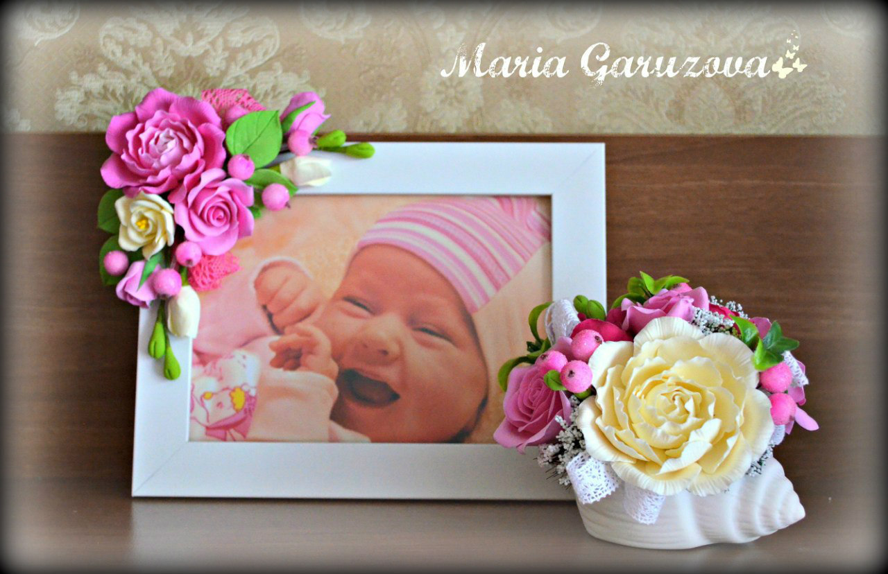 Photo frames decorated with handmade flowers made of polymer clay - My, Handmade, Polymer floristry, Photo Frame, Longpost, Children