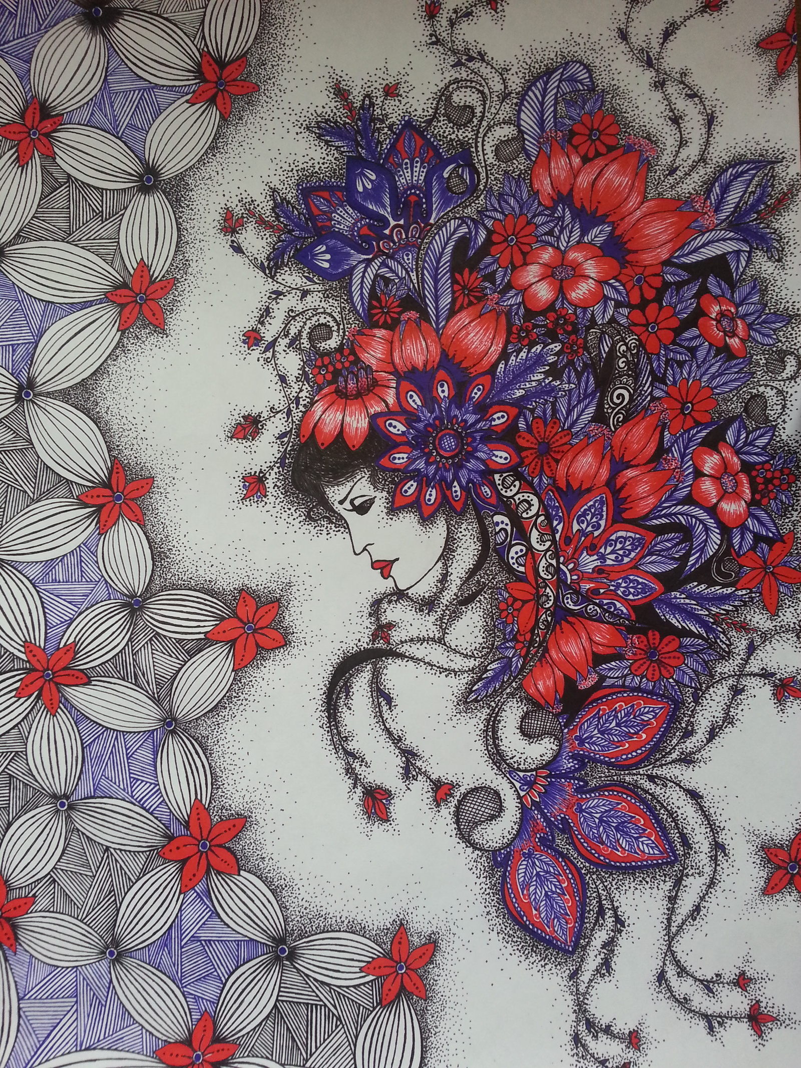 Ballpoint pen drawing - My, Pen drawing, , Patterns, Flowers, Girls, Blue, Beautiful girl