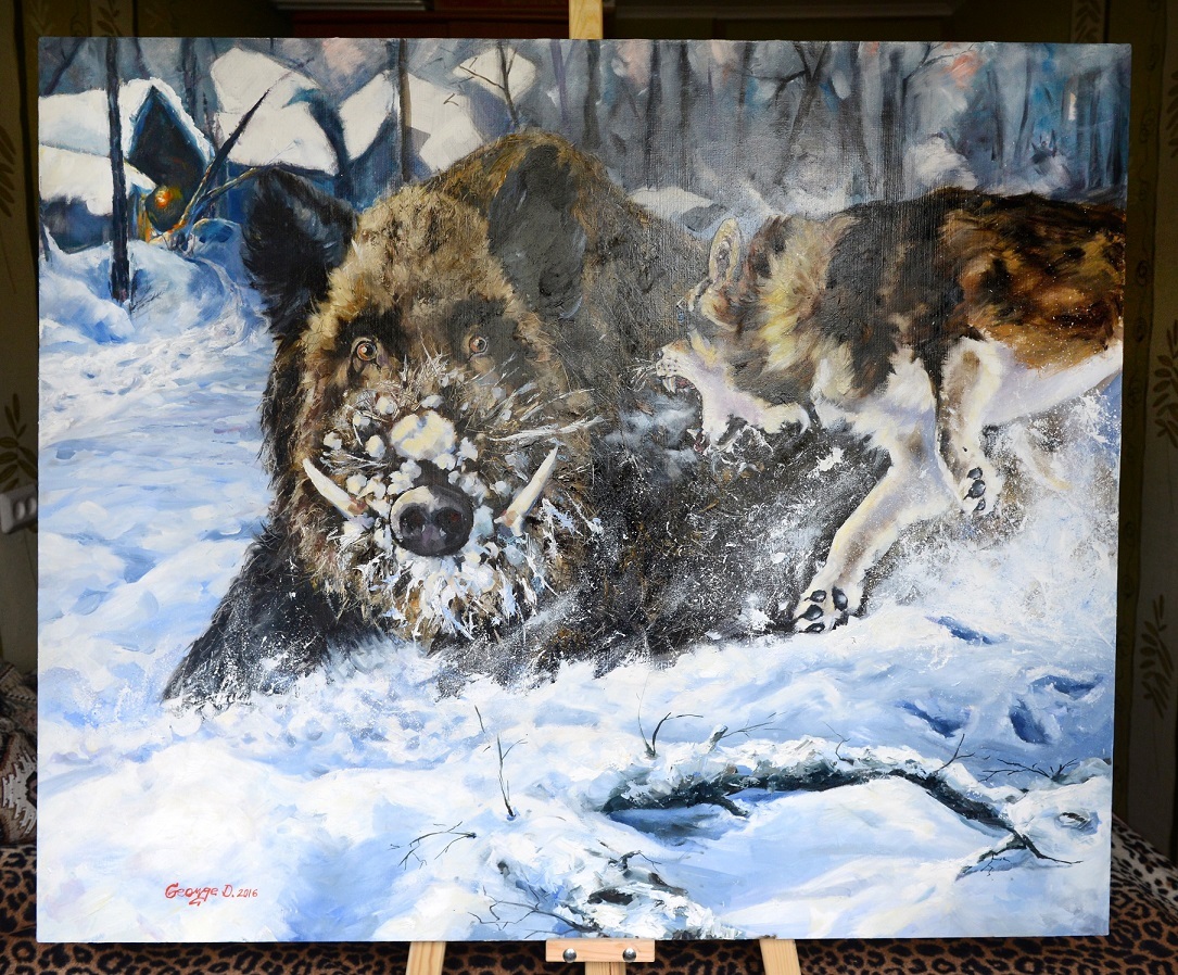 Painting on the theme of hunting and animalism :) - Oil painting, Hunting, Dog, Wolf, Winter, Painting, Longpost