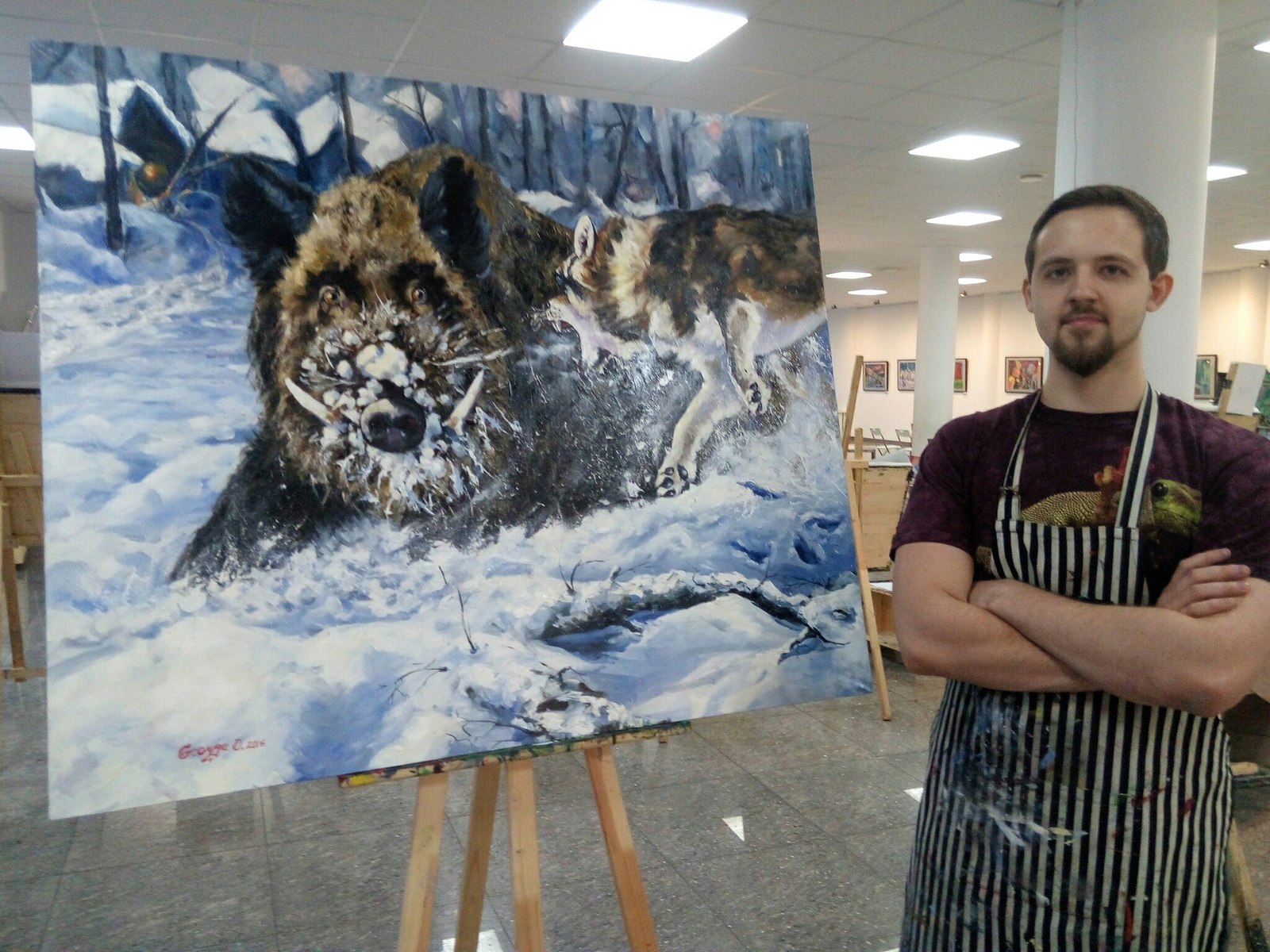 Painting on the theme of hunting and animalism :) - Oil painting, Hunting, Dog, Wolf, Winter, Painting, Longpost