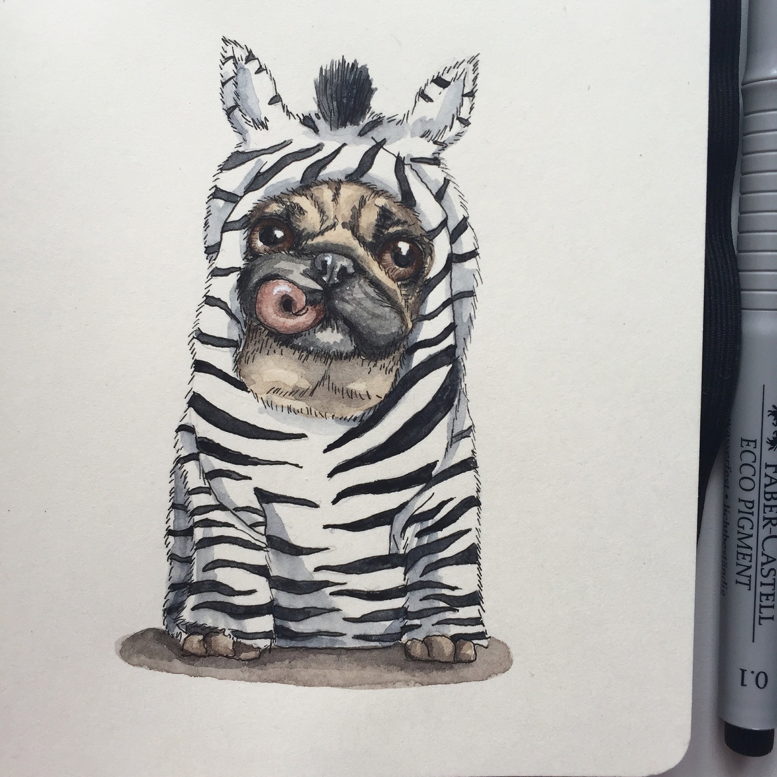 Pugs in costume - My, Pug, Drawing, Watercolor, Longpost