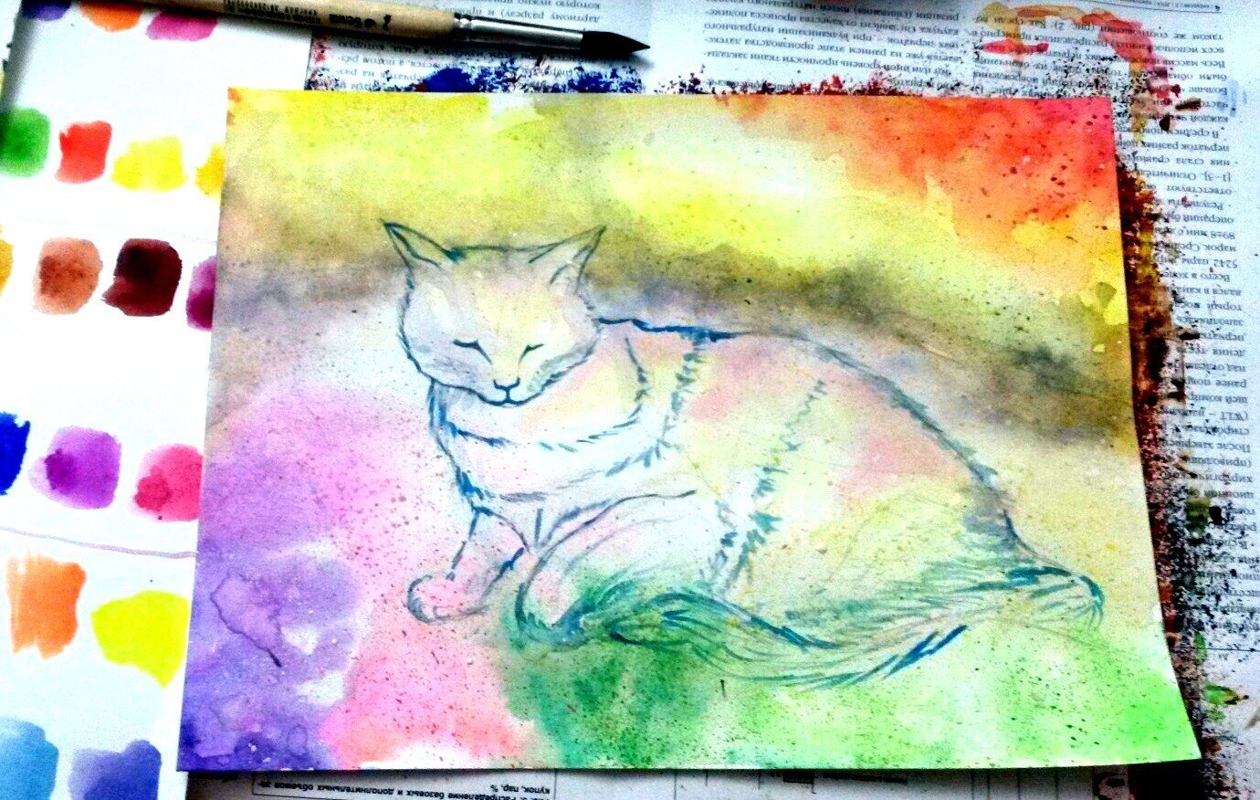 ~~~~My strange cats~~~~ - My, cat, Art, Drawing, , Watercolor, Gouache, Sketch, Space, Longpost