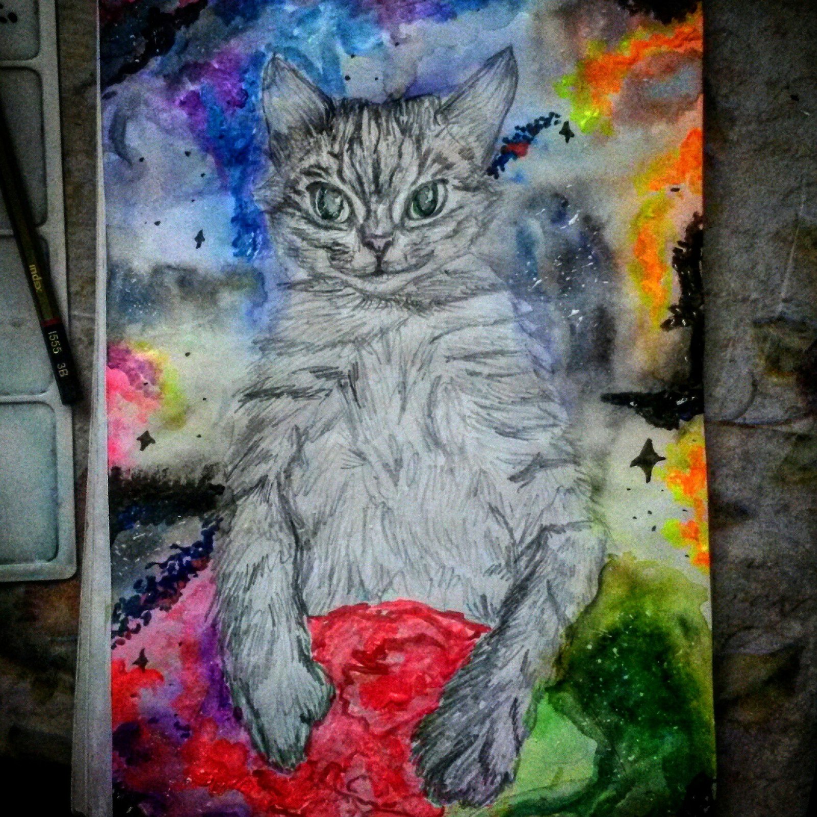 ~~~~My strange cats~~~~ - My, cat, Art, Drawing, , Watercolor, Gouache, Sketch, Space, Longpost