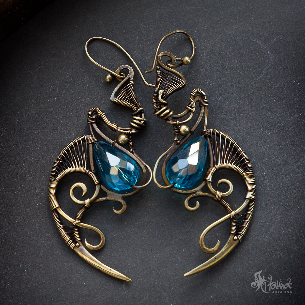 Brass earrings and some photos of the process - My, Wire wrap, Handmade, Creation, Fantasy, Decoration, Brass, Wire, Longpost