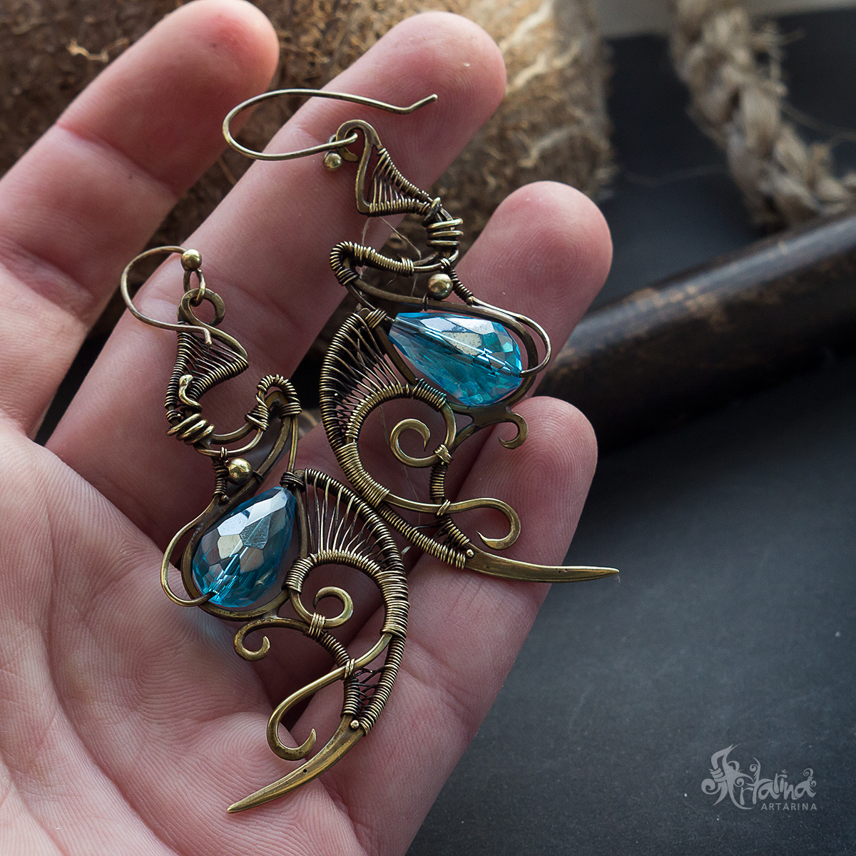 Brass earrings and some photos of the process - My, Wire wrap, Handmade, Creation, Fantasy, Decoration, Brass, Wire, Longpost