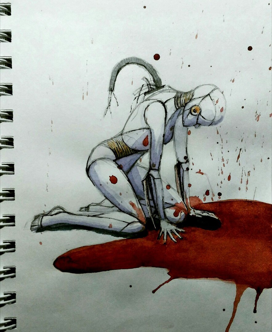 Runaway - My, Art, Sketchbook, Drawing, Cyborgs, Watercolor, Creation, Blood, Sketch