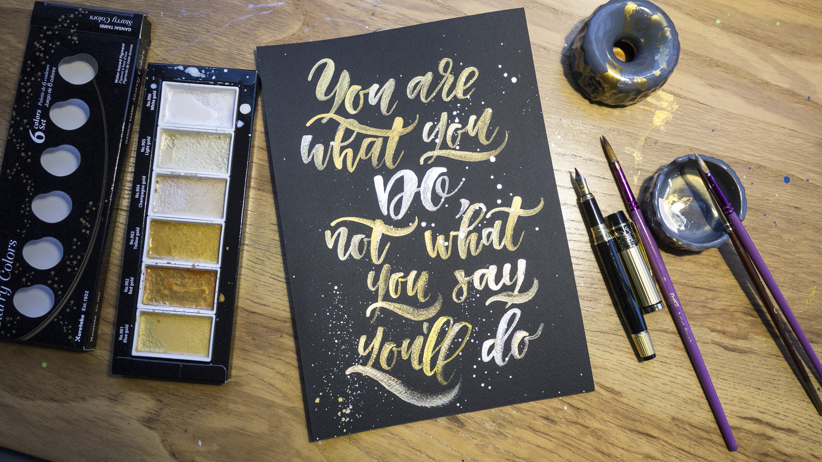 Kuretake golden watercolors. Application in calligraphy. - My, Watercolor, Gold, Calligraphy, Brush, Paints, Japan, Bliss, Lettering, Longpost