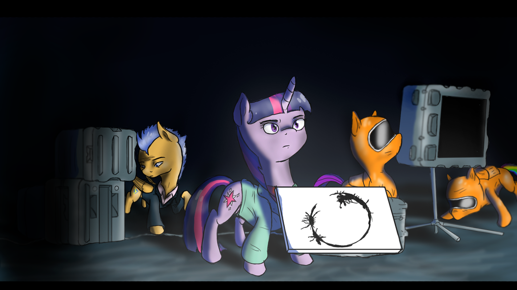 The inscription on the plate: <Give me a gun!> - My little pony, Twilight sparkle, Crossover, Arrival, Flash Sentry, Rainbow dash, Rarity, Crossover