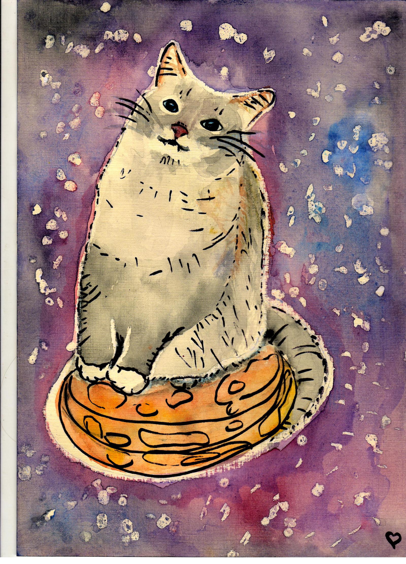 cat on pancakes - My, , Watercolor, Drawing, cat, Jazz Cat