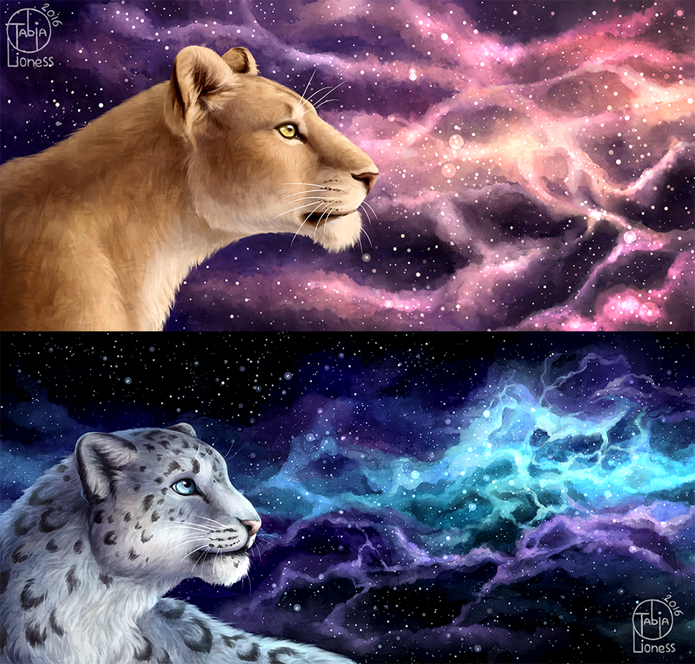 Universe cats - Моё, Арт, Большие кошки, Лев, Снежный барс, Tabia, Tabialioness, Космос