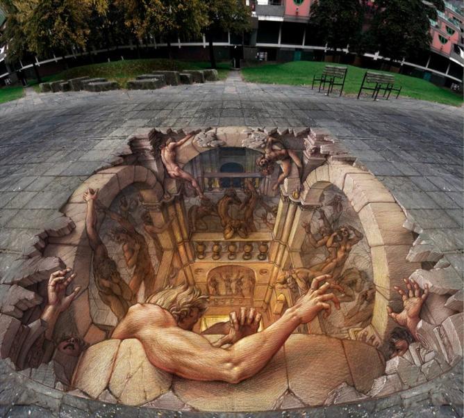 3D drawings on asphalt with chalk by Kurt Wenner - Painting, 3D, Art, Longpost