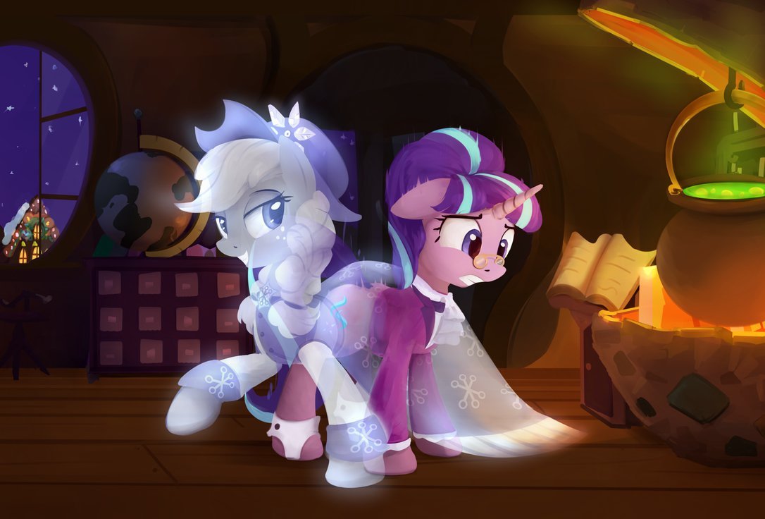 Ghostly touch - My Little Pony, PonyArt, Starlight Glimmer, Snowfall Frost, Applejack, Spirit of Hearths Warming, S06e08, Сериалы, Scootiebloom