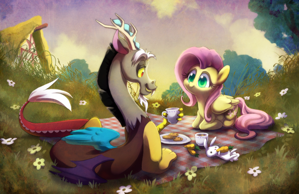 Picnic time - My little pony, PonyArt, Fluttershy, Discord, , Angel bunny, Celebi-Yoshi