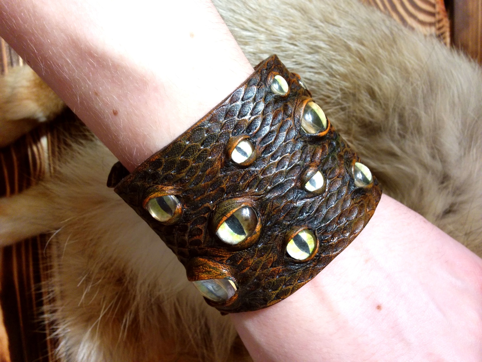 Leather bracelet Awakening - My, , Leather, A bracelet, The Dragon, Eyes, Watercolor, Longpost