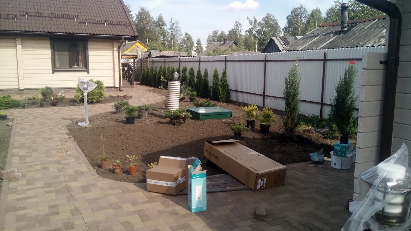 Landscaping turnkey lawn, plants - My, Paving stones, Building, Beautification, Landscape design, Dacha, Saint Petersburg, Lawn, Flowers, Longpost