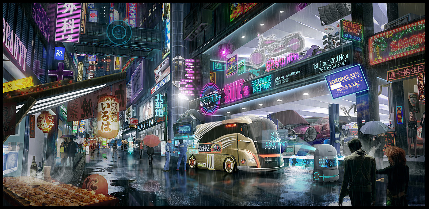 Cyberpunk - Neon, Town, Cyberpunk, Longpost, Artstation