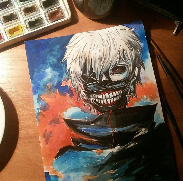 After watching Tokyo Ghoul, I fired up with this anime, and decided to portray one of the main characters on paper. - My, Anime, Drawing, Kaneki ken, Watercolor, Gouache