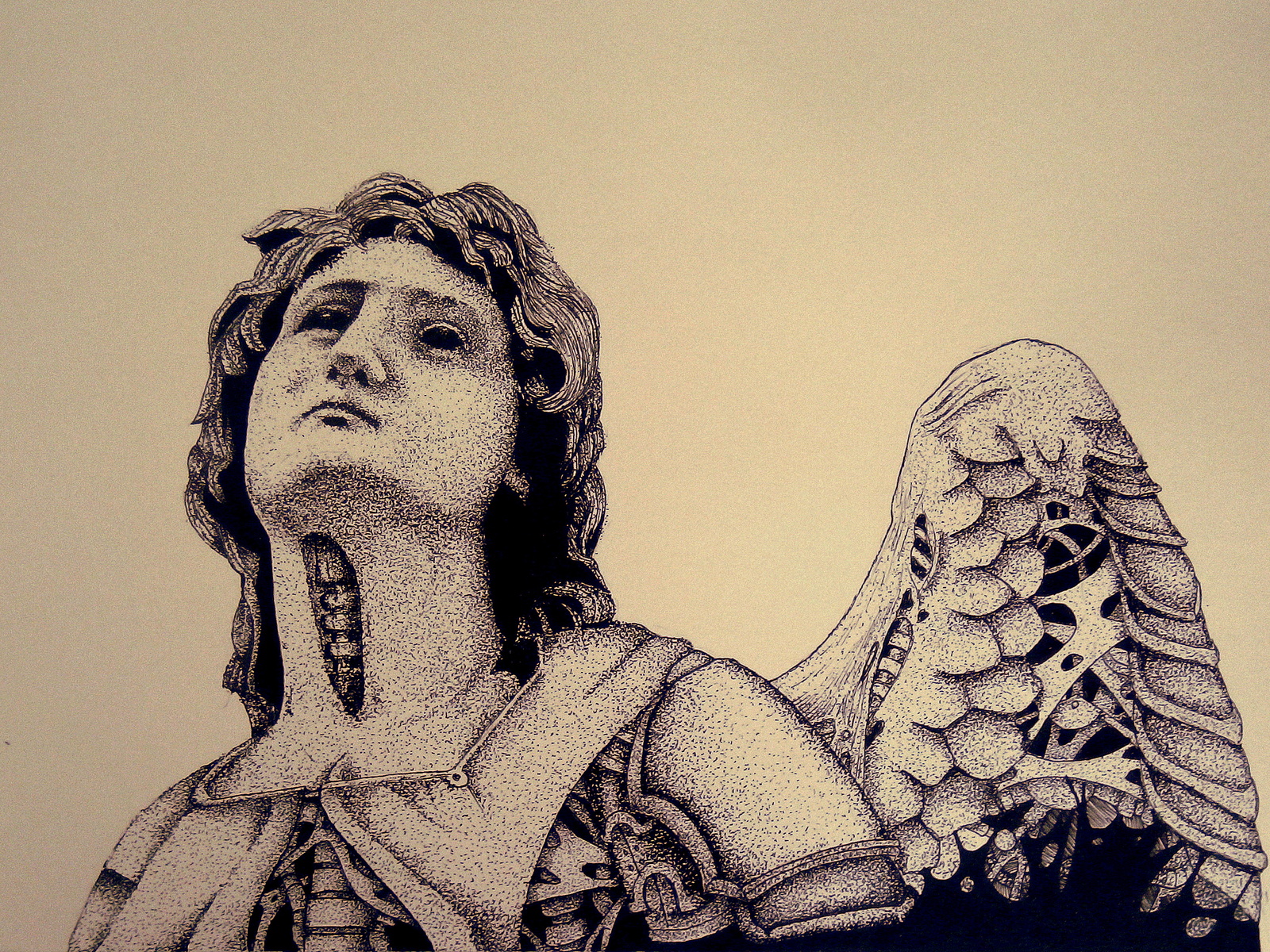 Dive into darkness - My, Dotwork, My, Graphics, Angel, Darkness, Mechanics, winged, Drawing