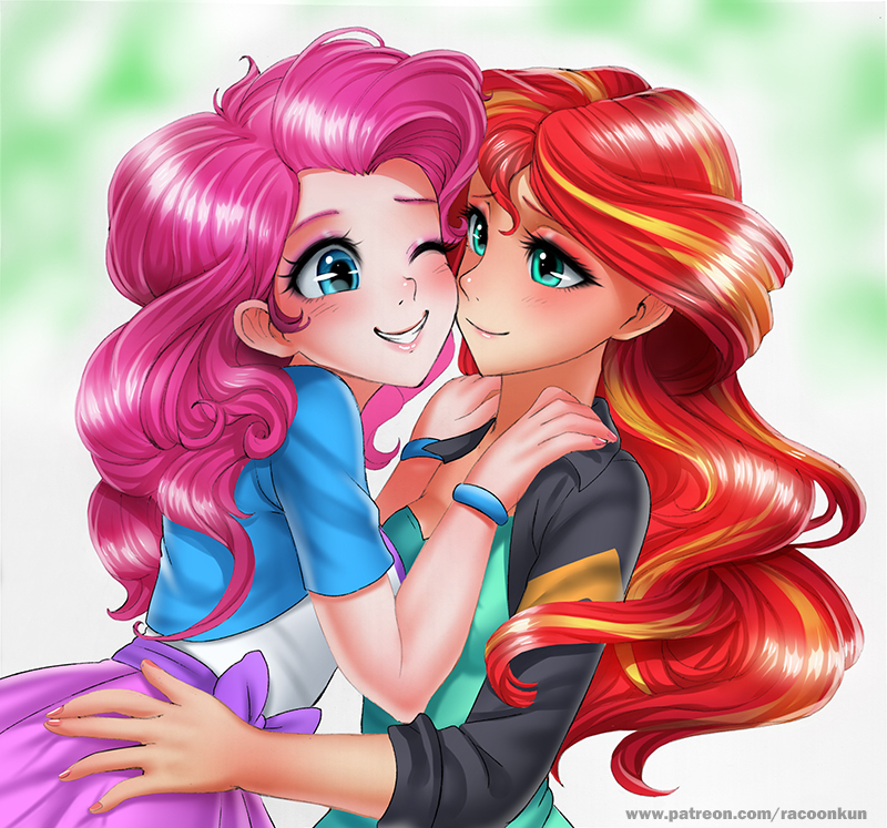 Cheeks touch - My little pony, Racoonkun, Humanization, Pinkie pie, Sunset shimmer