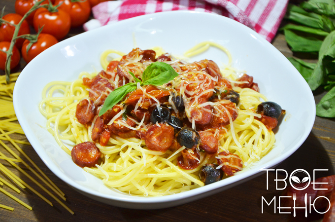 Spaghetti with sausages in tomato sauce - My, Cooking, Food, Dessert, , Recipe, Paste, Longpost