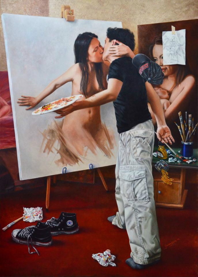 Wet dreams of an artist - NSFW, Artist, Painting, Easel, Girls, Kiss