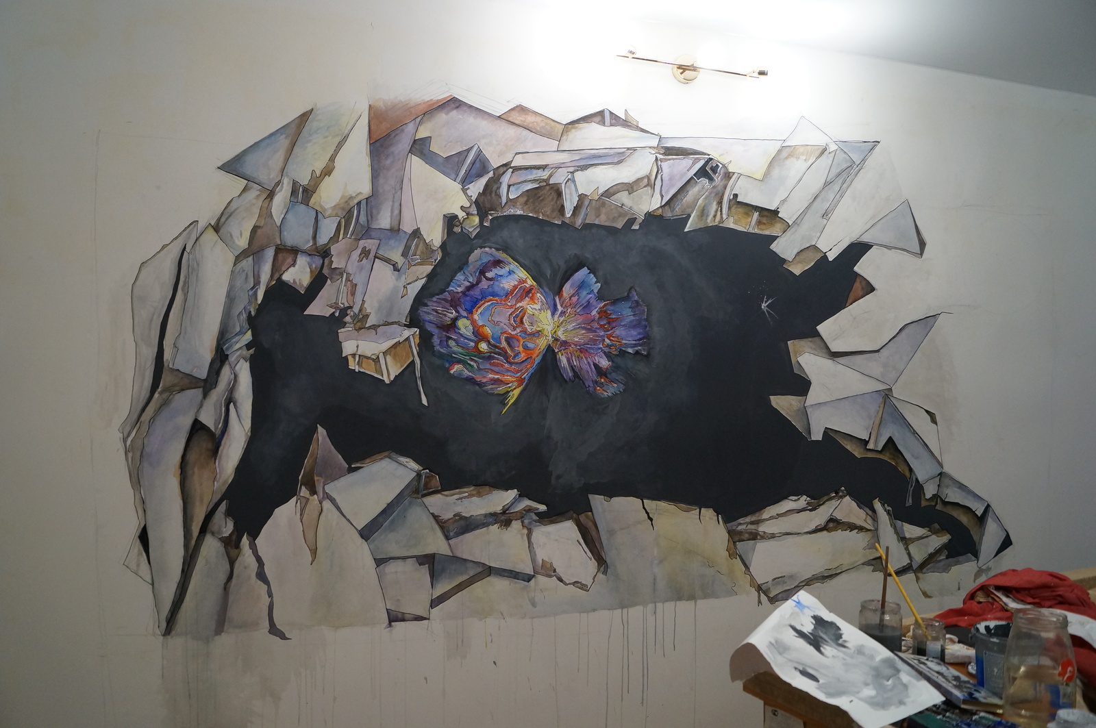 Space explosion in the wall. I paint the wall with watercolors by order of a friend. - My, Longpost, Painting, Watercolor, Repair, Drawing, Space, Wall, Comics