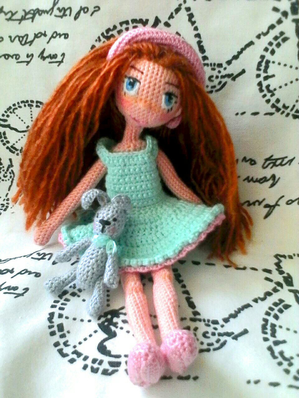 Doll with a bunny - My, Knitting, Amigurumi, Doll, Toys, With your own hands, Longpost