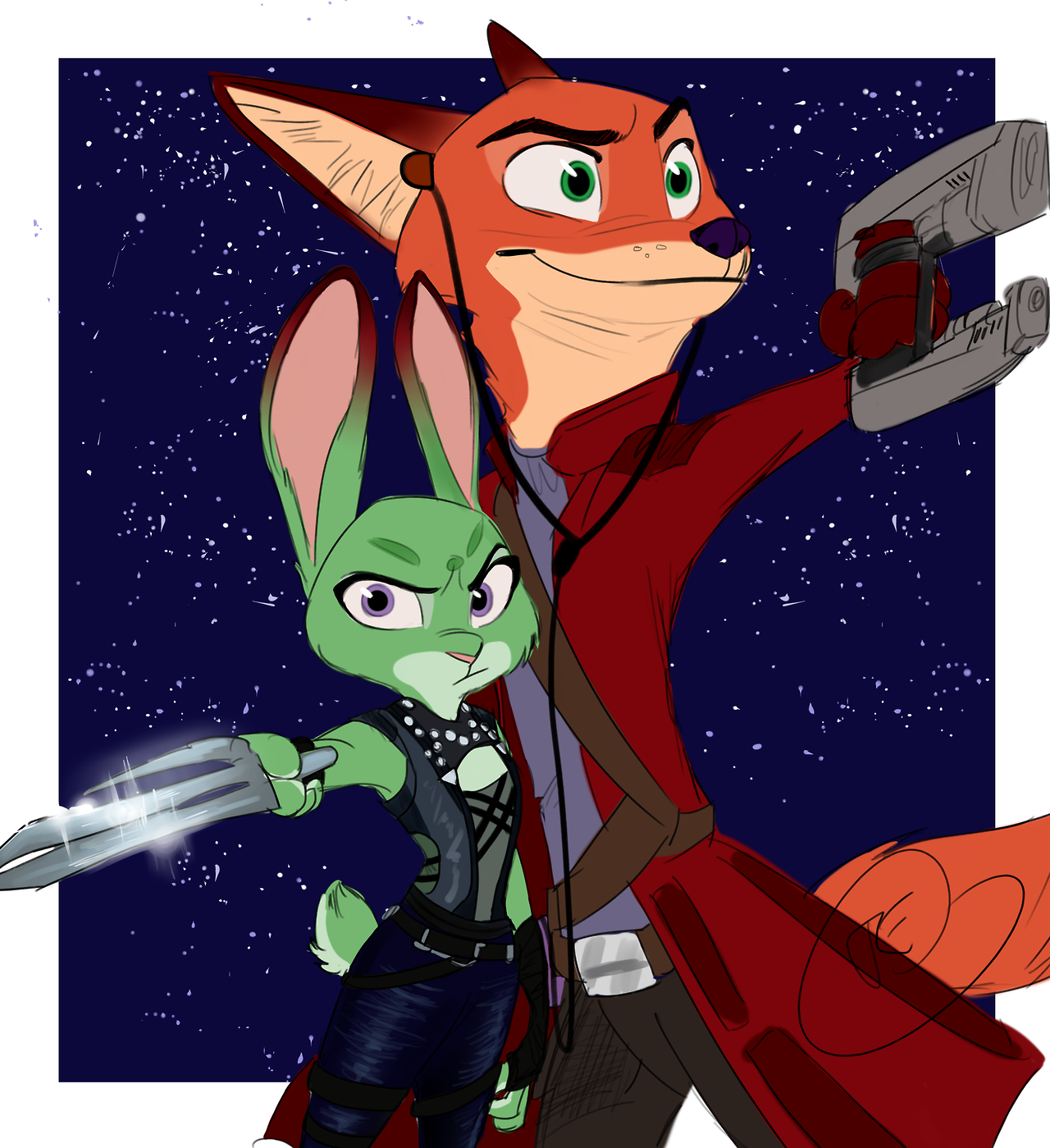 Furry guardians of the galaxy - Gamora, Guardians of the Galaxy, Art, Zootopia, Nick and Judy, Star lord, Crossover