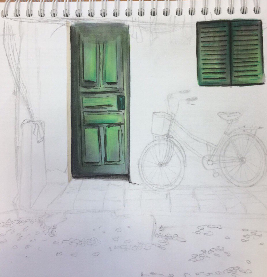 Modest street created with alcohol markers - My, Art, Creation, Sketch, Sketchbook, , Inspiration, A bike, With your own hands, Longpost