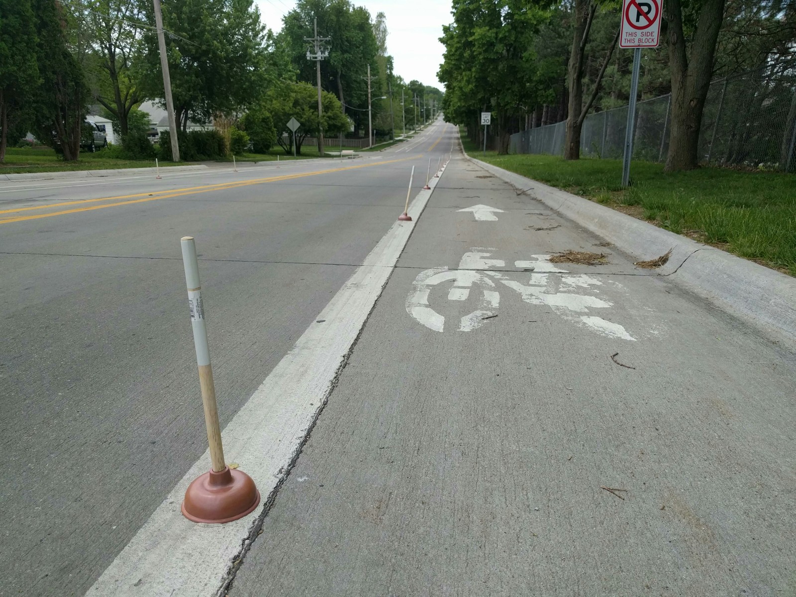 Someone has attached hundreds of plungers to the road to keep cars out of the bike lane. - Ventuz, Road, Fencing, Safety, Reddit