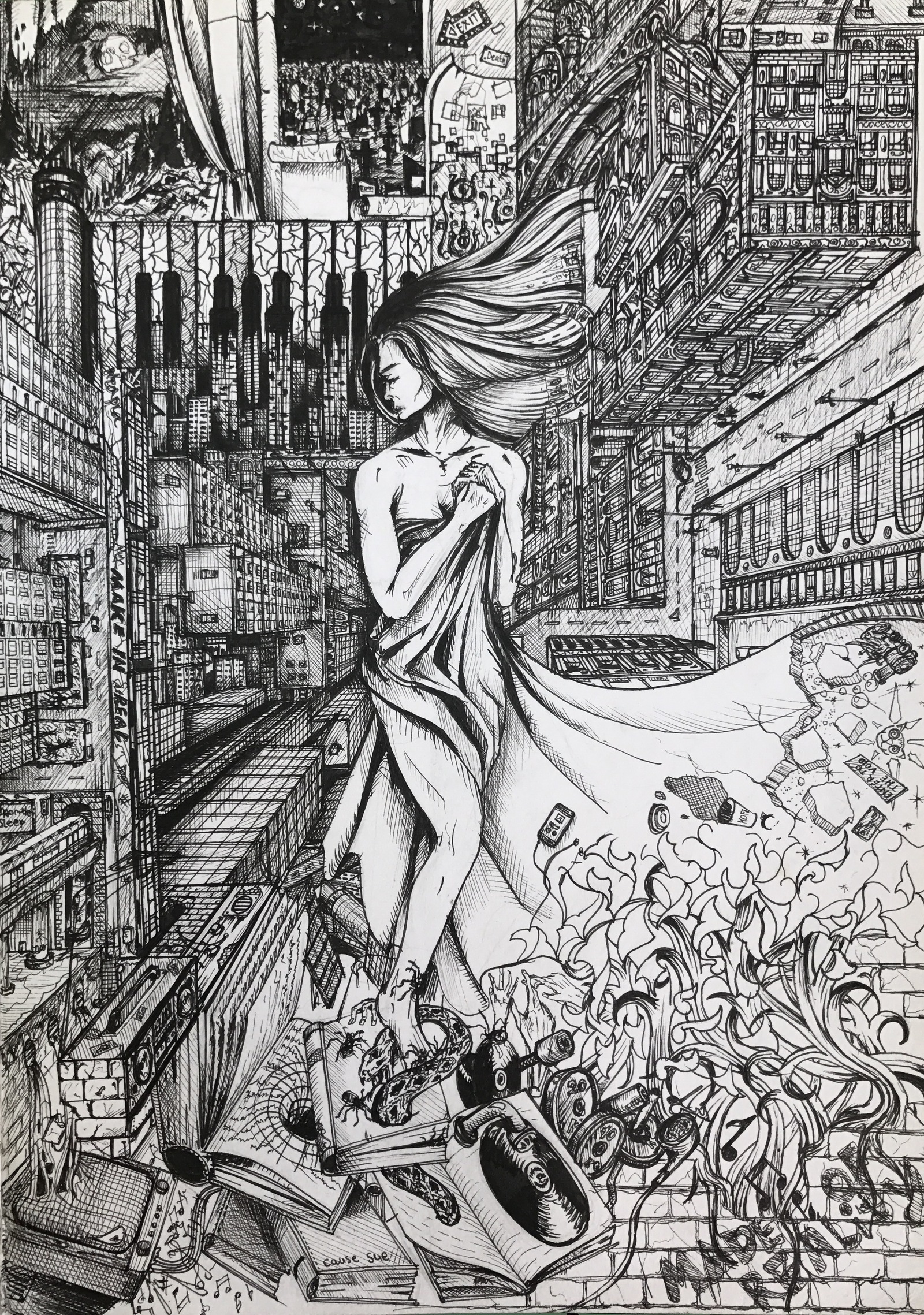 In a dream - My, Creation, Pen drawing, Beautiful girl, Art, Sticky, My