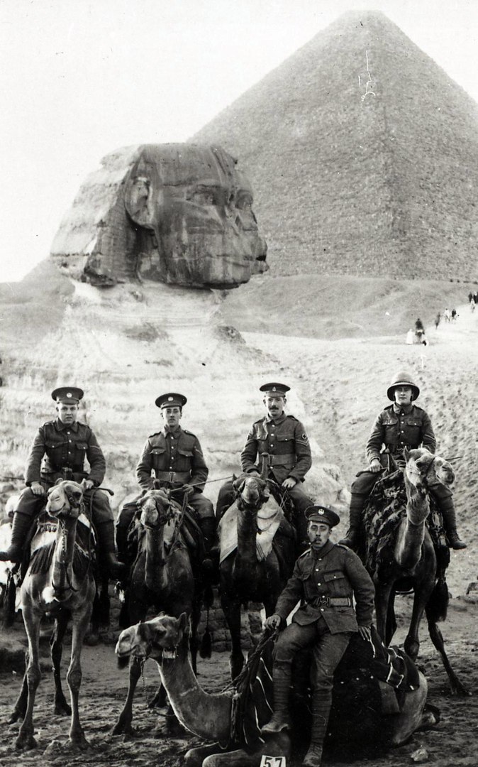 British soldiers on camels in front of the Sphinx and the Pyramid of Cheops. - Egypt, Pyramid, Sphinx, Great Britain