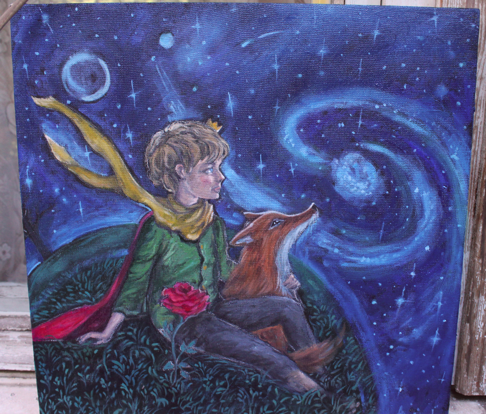 Little Prince - My, Little Prince, Painting, Oil painting, My, Canvas, Boy, Fox, Night