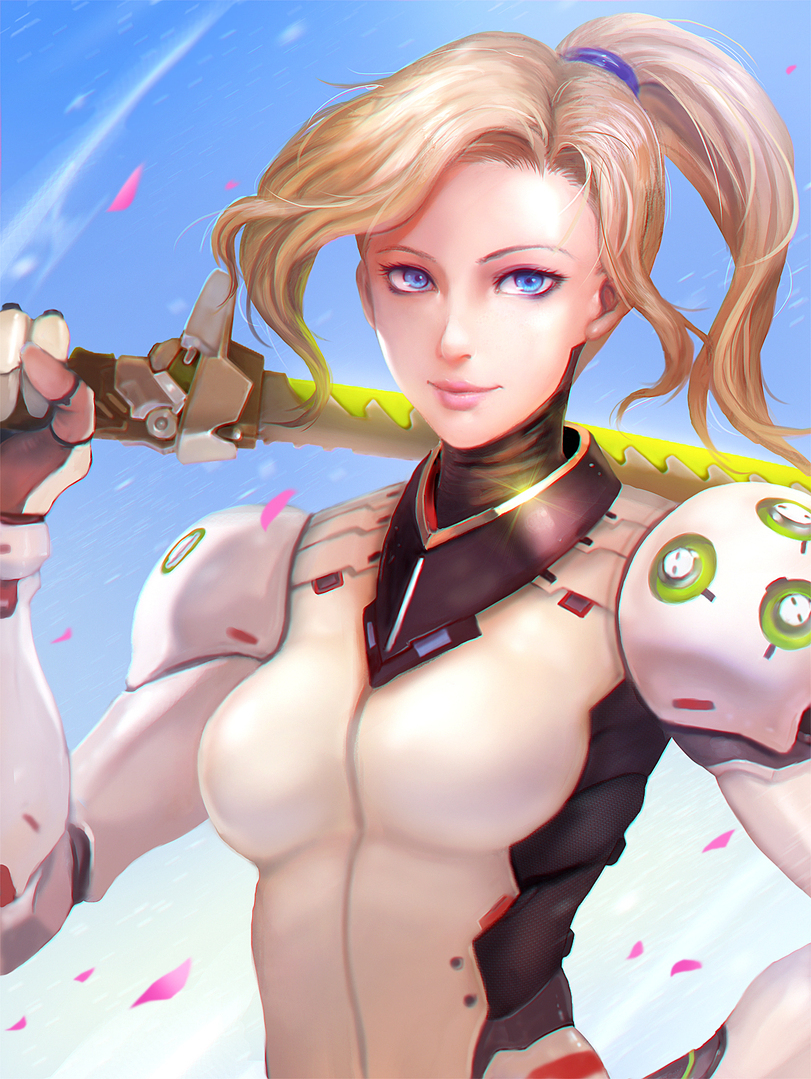 Мерси мечник - Overwatch, Mercy, Genji, Blizzard, I need healing, Арт, Игры, Красивая девушка