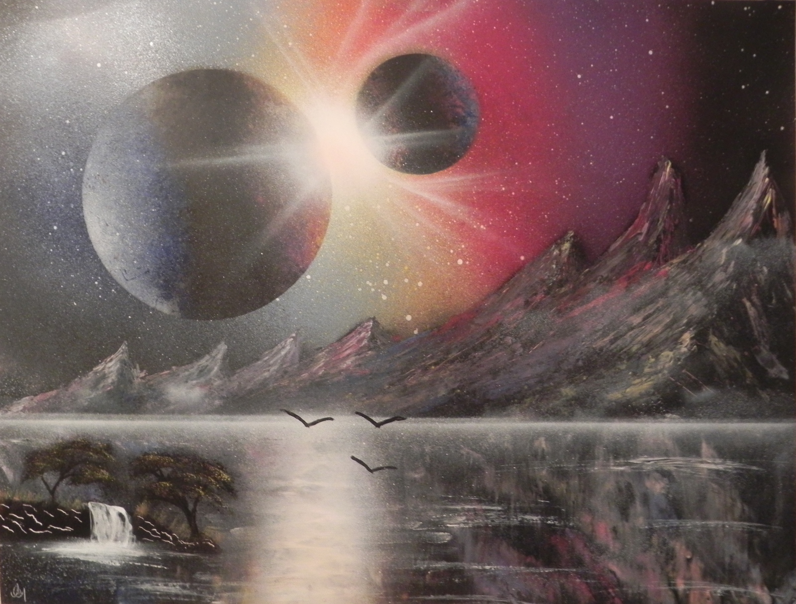 First Spray paint in a long time! - My, Spraypaint, Spacepainting, Painting, Art, Planet, The mountains, Painting, Spray Art