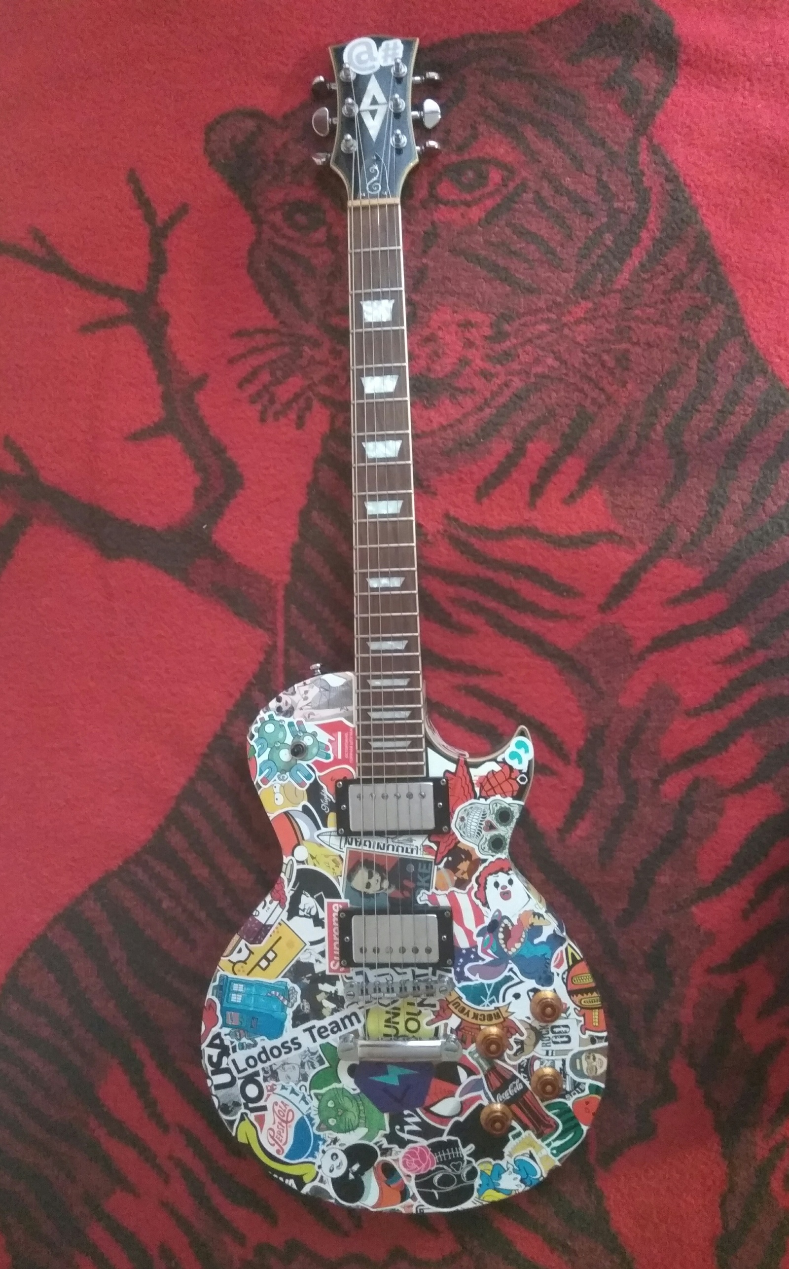 Guitar stickerbomb - My, Stickers, Guitar, Sticker bombing, Upgrade, Tiger