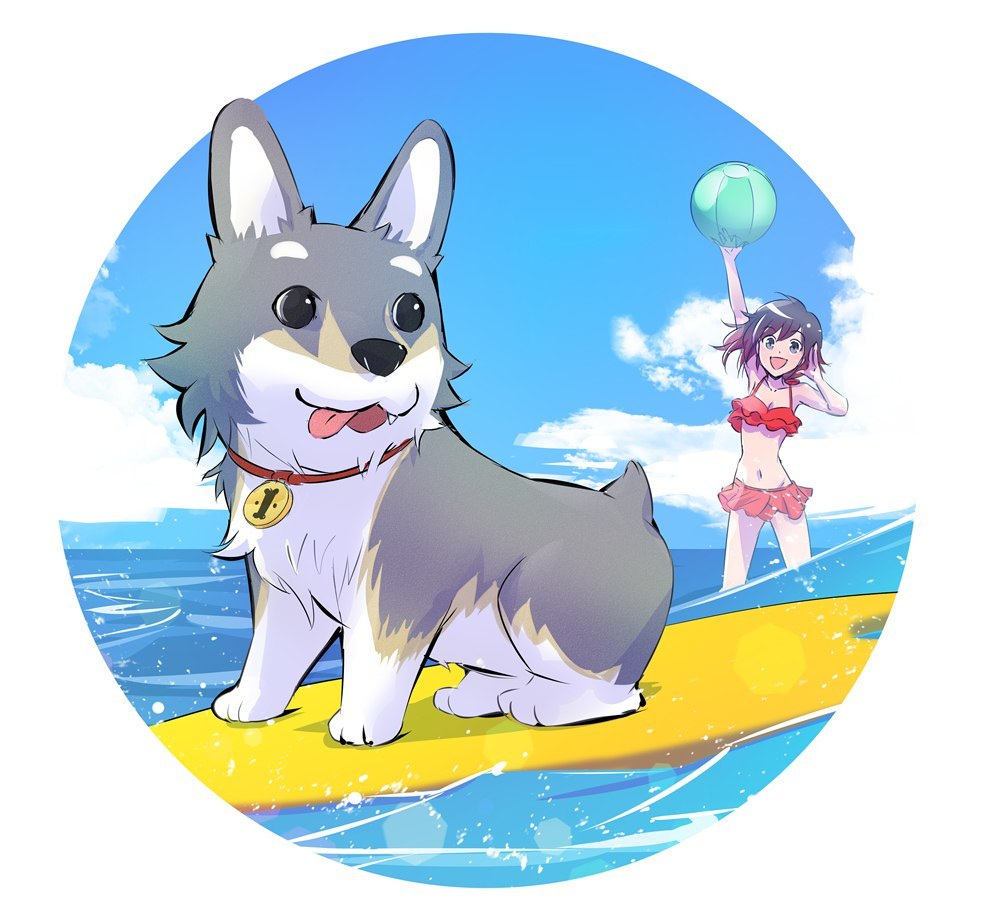 Even the dog is not averse to relaxing on the beach - RWBY, Zwei, Ruby rose, Anime art, Anime, Not anime