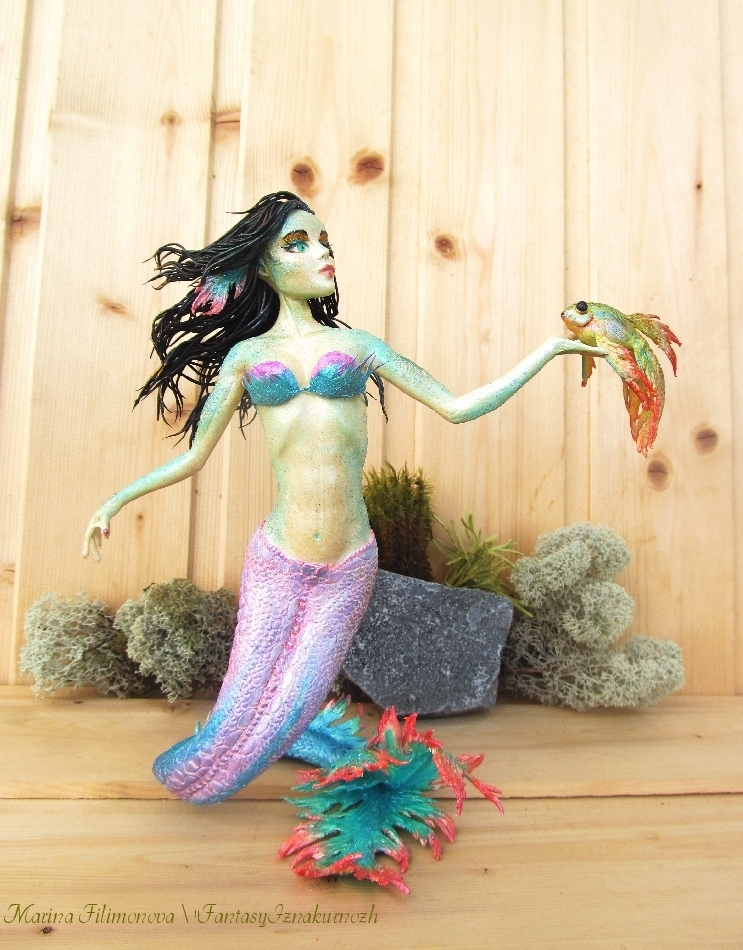 Mermaid with goldfish - My, Mermaid, the little Mermaid, Gold fish, Needlework without process, Polymer clay, Longpost