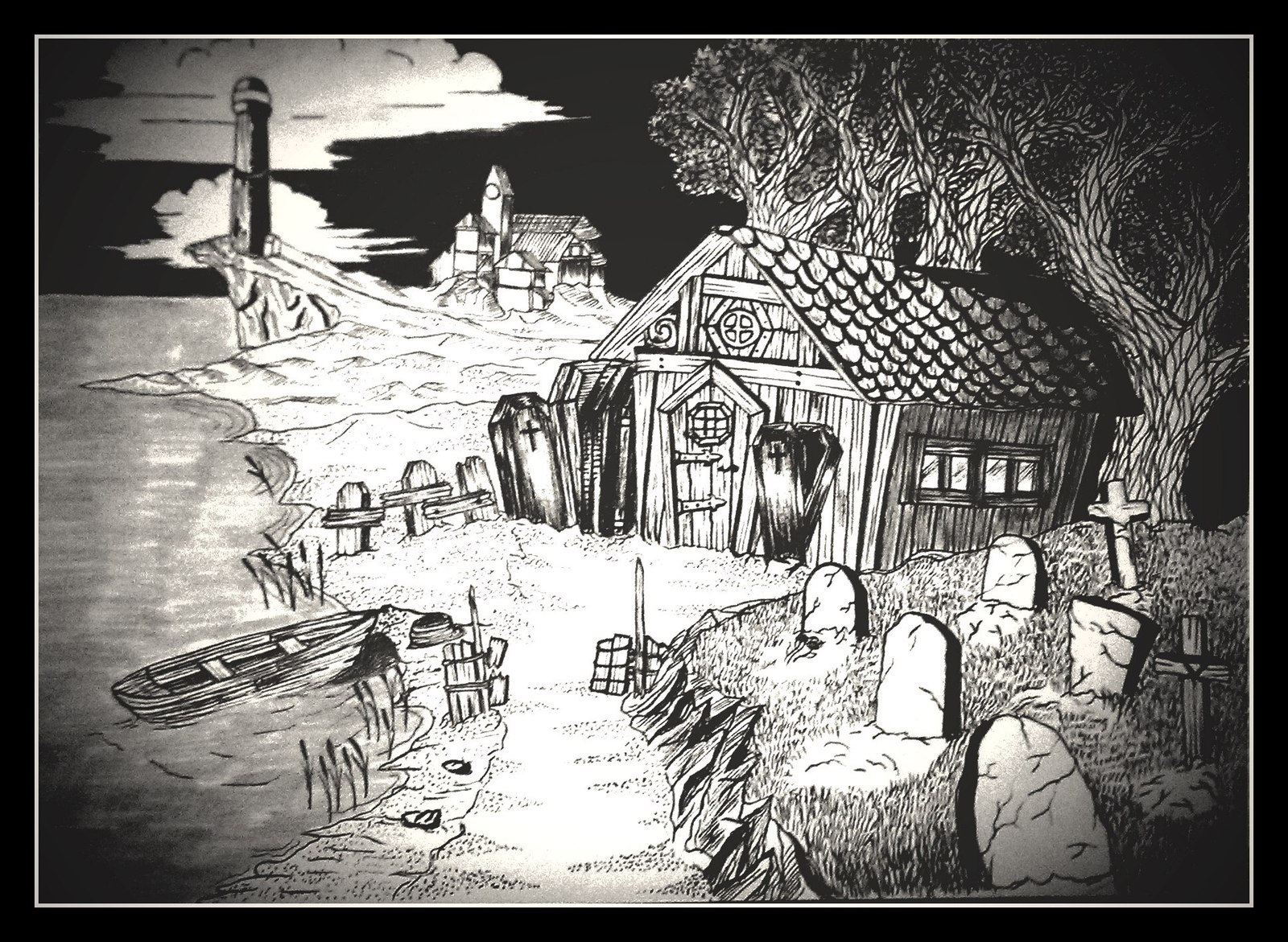 Gravedigger's house - My, House, Cemetery, Drawing, Marker, Liner