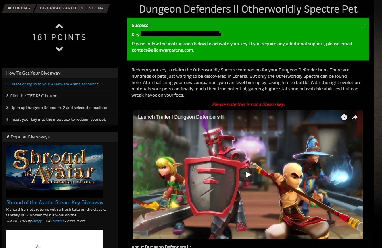 Distribution of a pet from Dungeon Defenders 2 - Alienware Arena, 